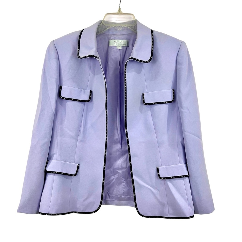 Tahari ASL Open Front Lavender Contrast Trim Business Suit Blazer Jacket